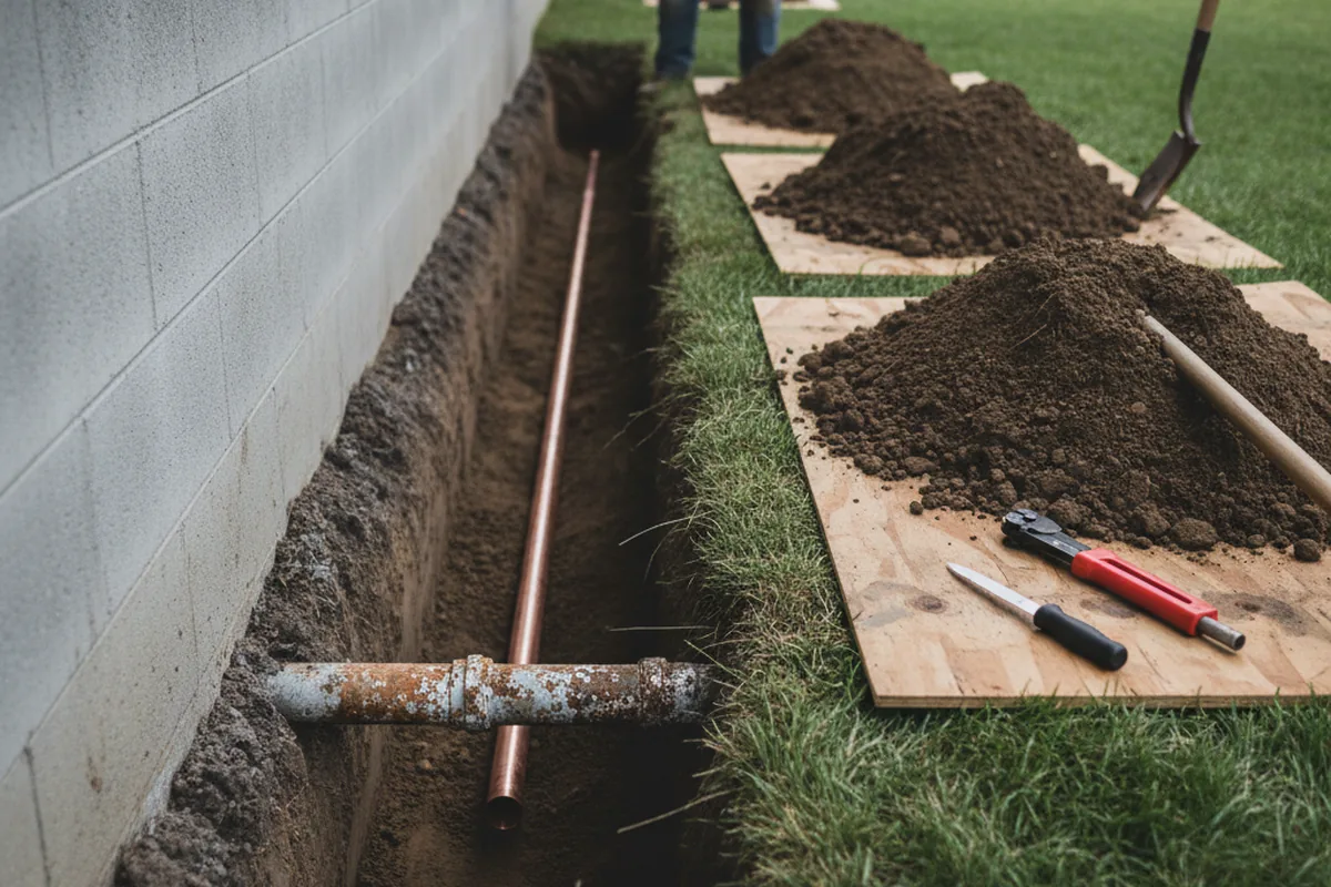 Excavated water line trench during Sewer Line Repair in Alhambra